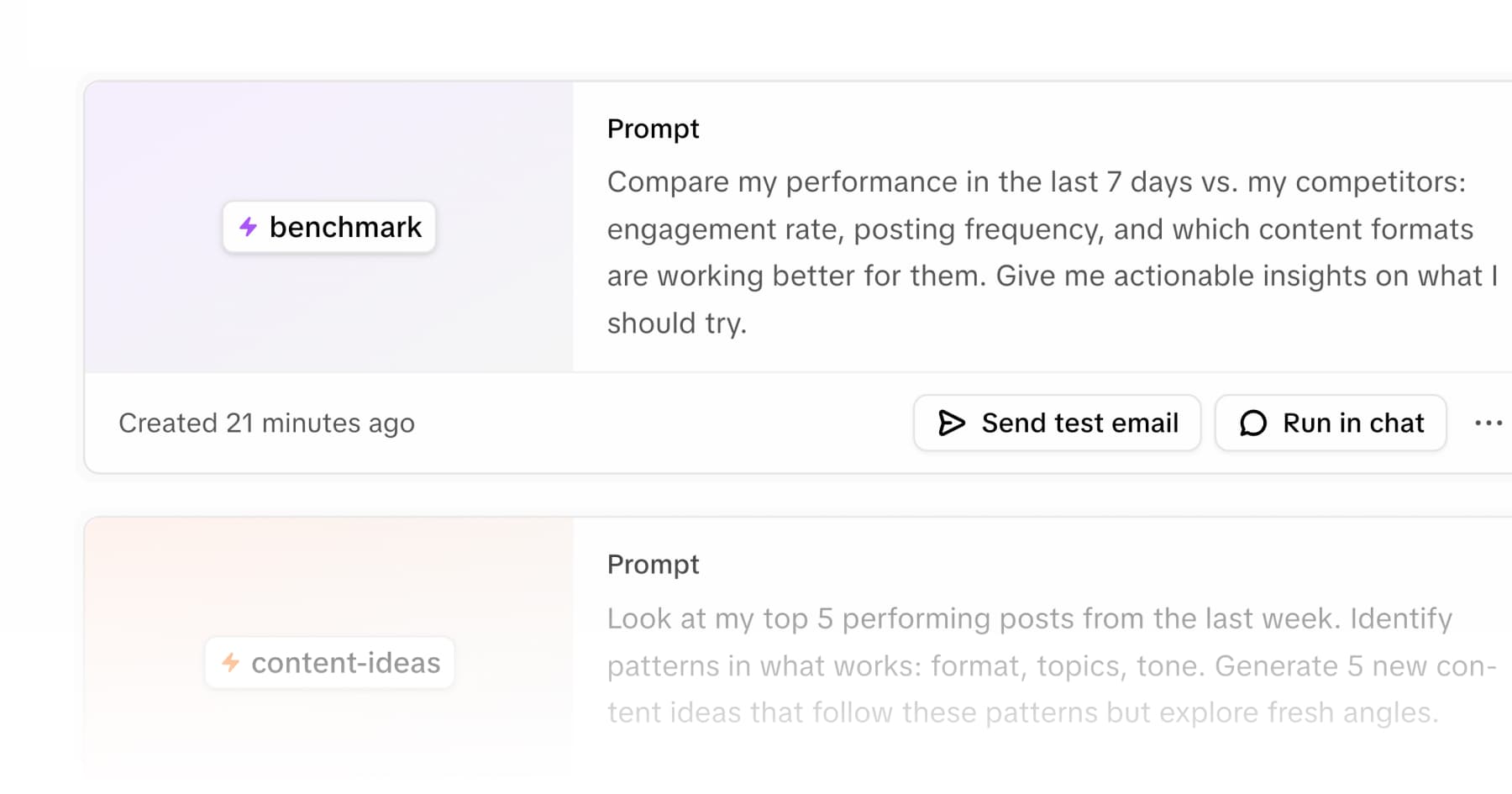 Shortcut detail view for 'benchmark' displaying a prompt to compare last 7 days performance versus competitors, with options to send test email or run in chat.