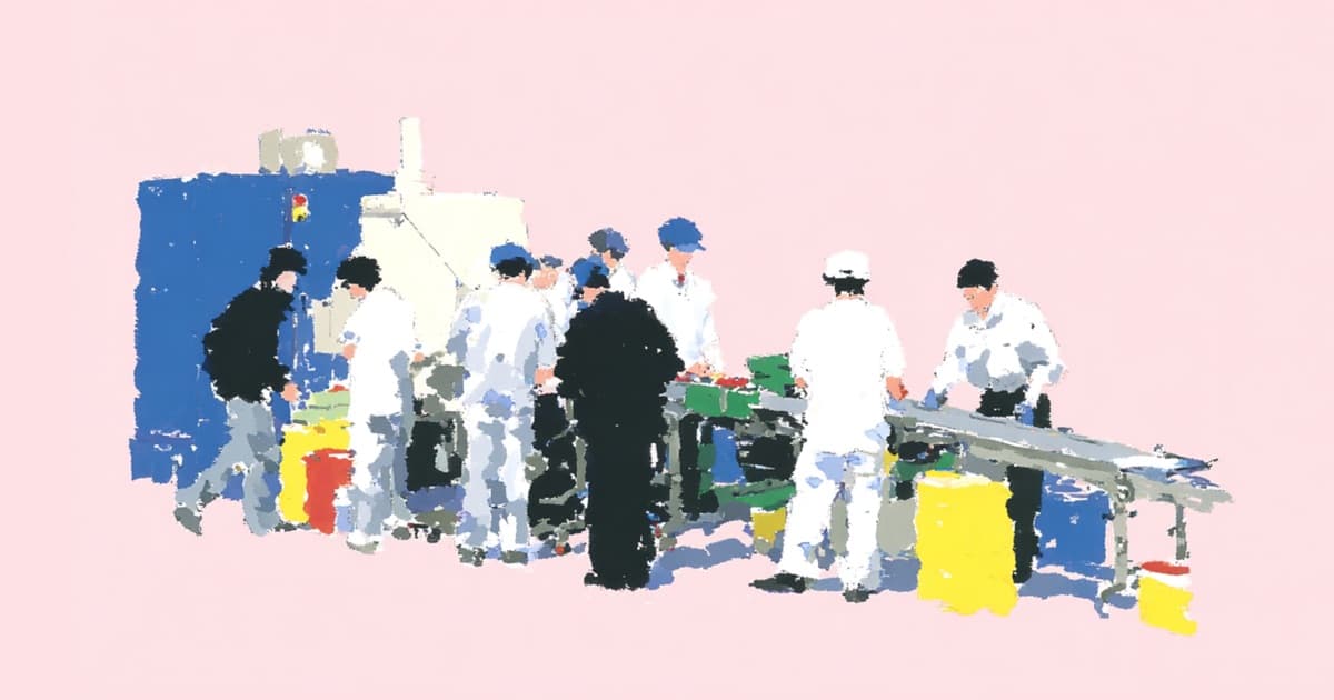Illustration of several people working together around a conveyor or workbench in an industrial environment