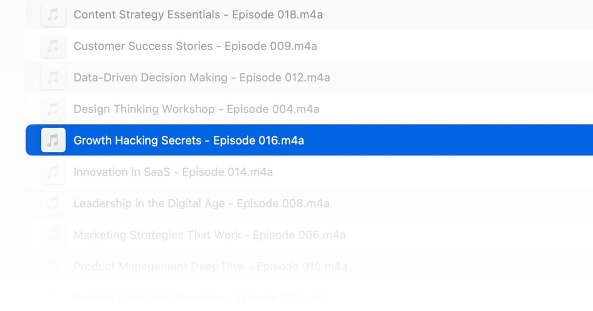 List of podcast audio files in a content management interface, with “Growth Hacking Secrets – Episode 016” highlighted, showing searchable audio content in MOD